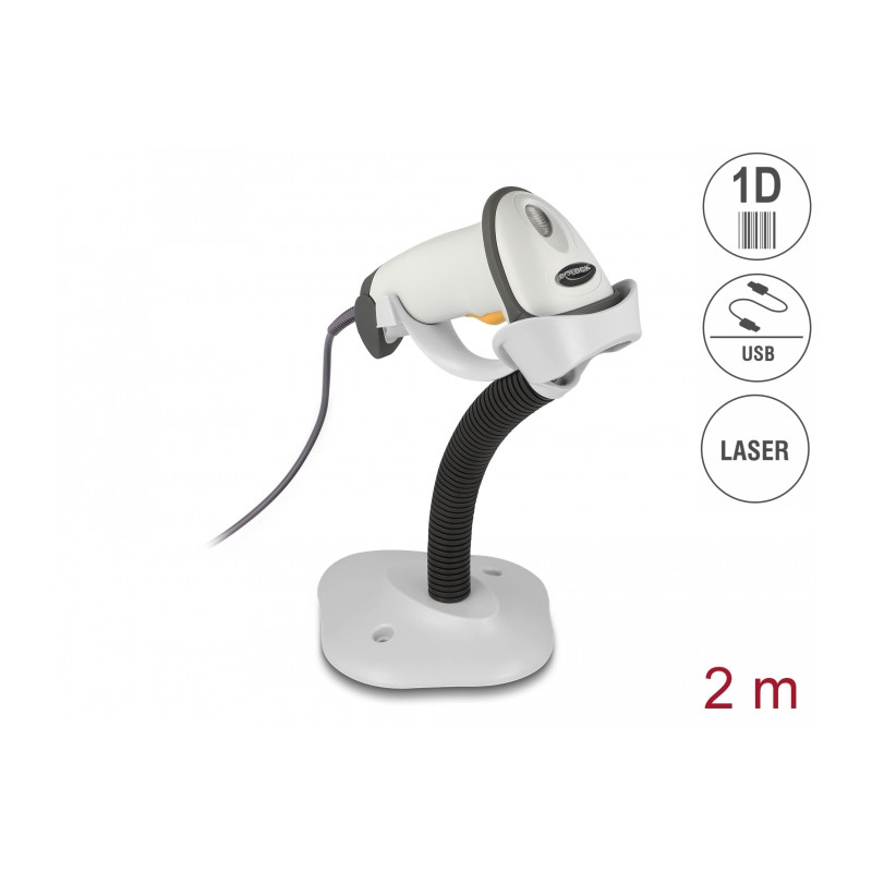 Delock USB Barcode Scanner 1D mit Anschlusskabel und Halterung - Laser - hellgrau