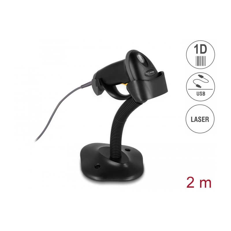 Delock USB Barcode Scanner 1D mit Anschlusskabel und Halterung - Laser - schwarz