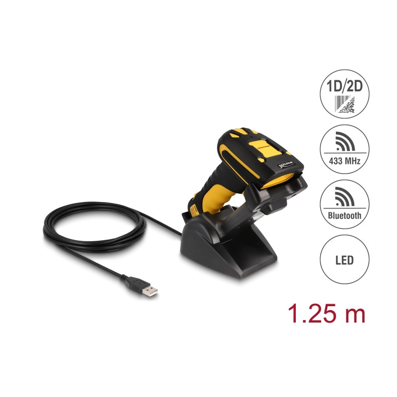 Delock Industrie Barcode Scanner 1D und 2D für 433 MHz oder Bluetooth mit induktiver Ladestation