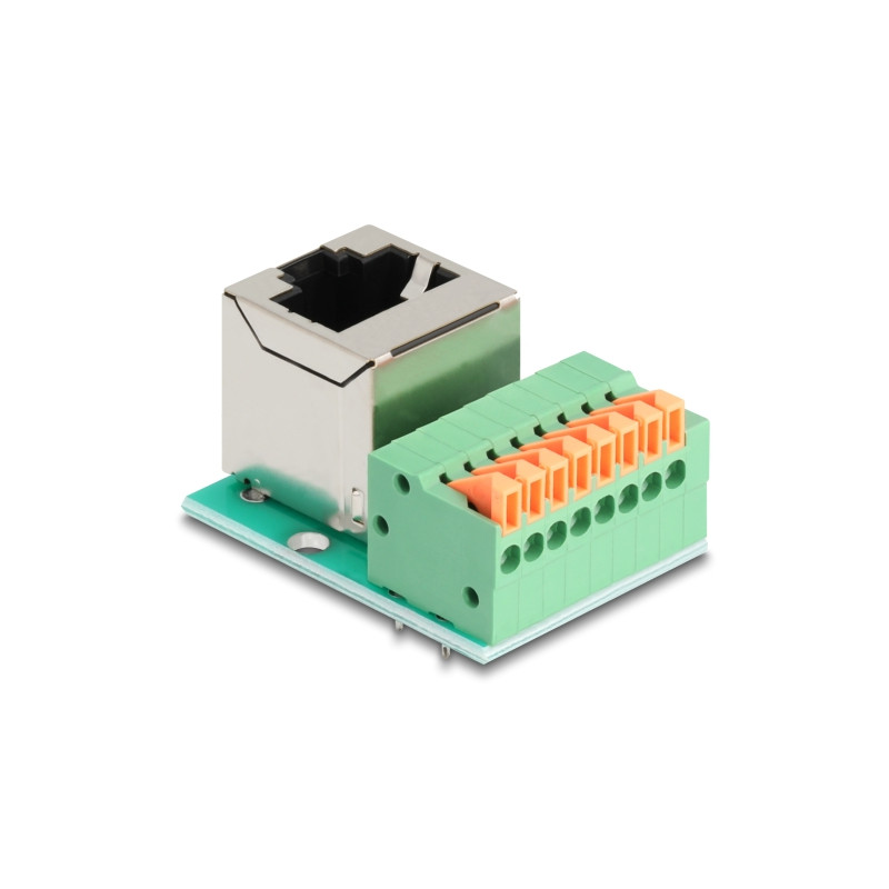Delock RJ45 Buchse 90° gewinkelt zu Terminalblock mit Drucktaster Cat.5e
