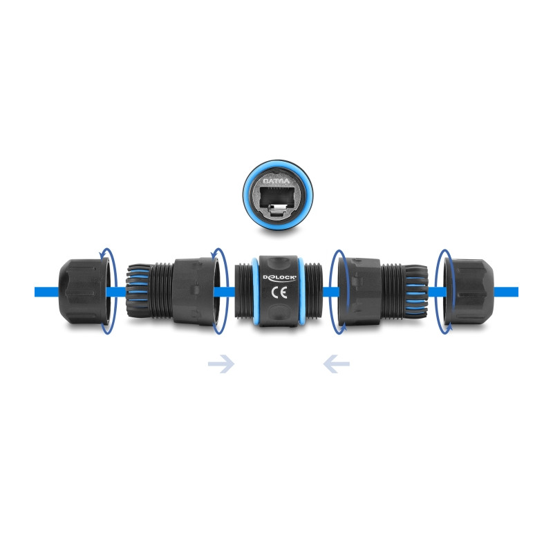 Delock Kabelverbinder RJ45 Buchse zu RJ45 Buchse Cat.6A mit M20 x 1,5 mm Gewinde kurze Bauweise IP68 staub- und wasserdicht
