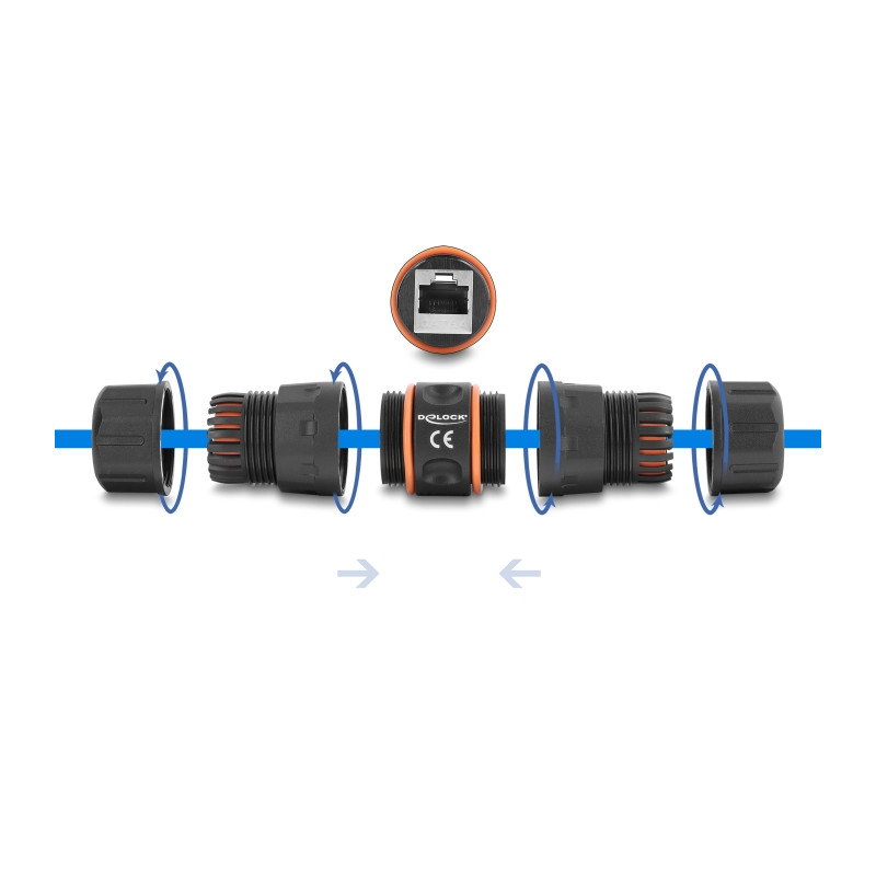 Delock Kabelverbinder RJ45 Buchse zu RJ45 Buchse Cat.6A mit M23.5 x 1,5 mm Gewinde kurze Bauweise IP68 staub- und wasserdicht