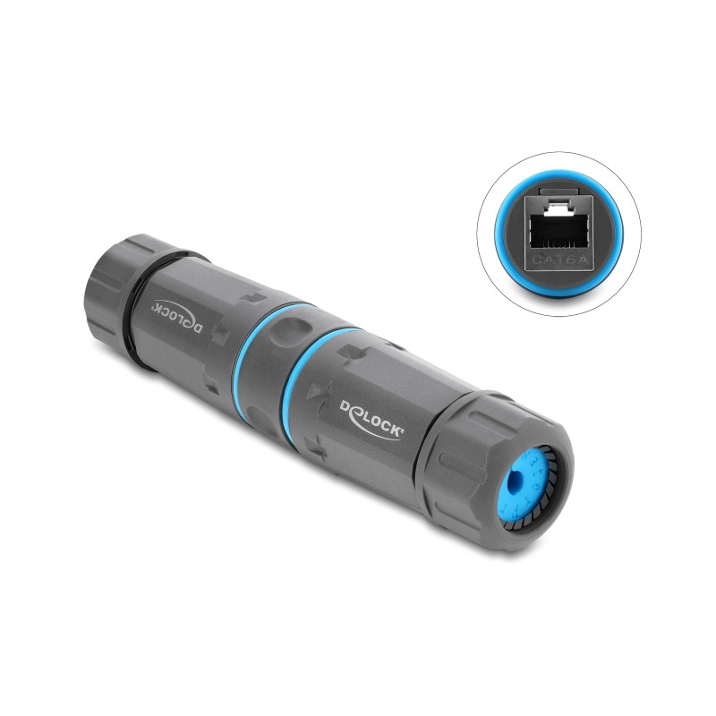 Delock Kabelverbinder RJ45 Buchse zu RJ45 Buchse Cat.6A mit M23.5 x 1,5 mm Gewinde IP68 staub- und wasserdicht grau