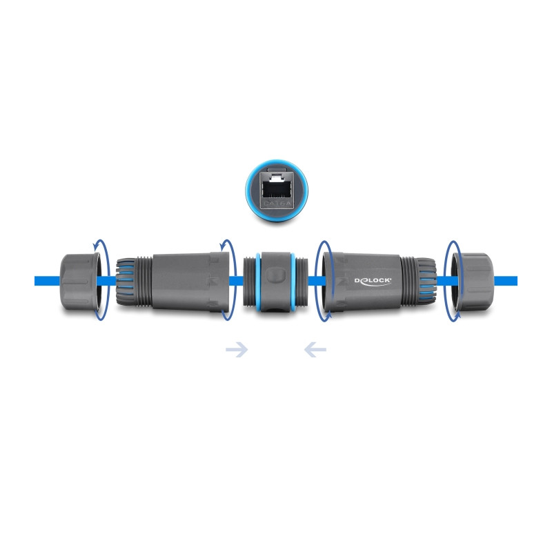 Delock Kabelverbinder RJ45 Buchse zu RJ45 Buchse Cat.6A mit M23.5 x 1,5 mm Gewinde IP68 staub- und wasserdicht grau