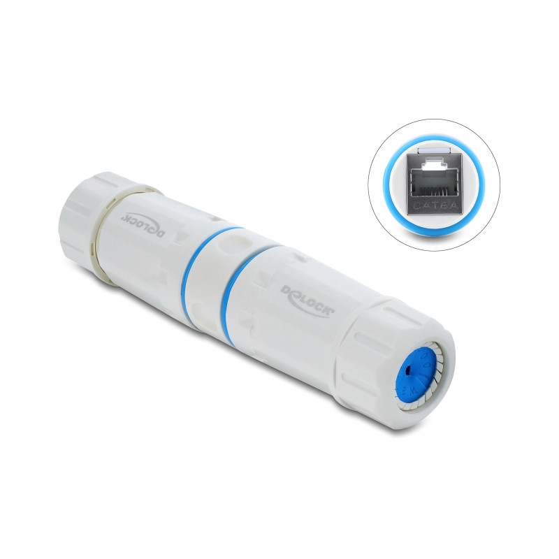 Delock Kabelverbinder RJ45 Buchse zu RJ45 Buchse Cat.6A mit M23.5 x 1,5 mm Gewinde IP68 staub- und wasserdicht weiß