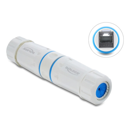 Delock Kabelverbinder RJ45 Buchse zu RJ45 Buchse Cat.6A mit M23.5 x 1,5 mm Gewinde IP68 staub- und wasserdicht weiß