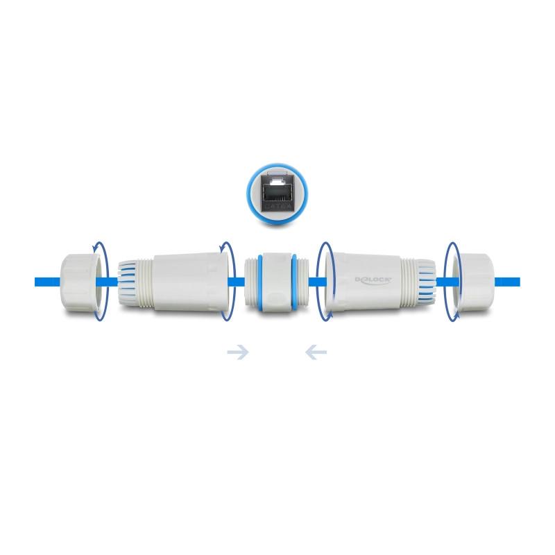 Delock Kabelverbinder RJ45 Buchse zu RJ45 Buchse Cat.6A mit M23.5 x 1,5 mm Gewinde IP68 staub- und wasserdicht weiß