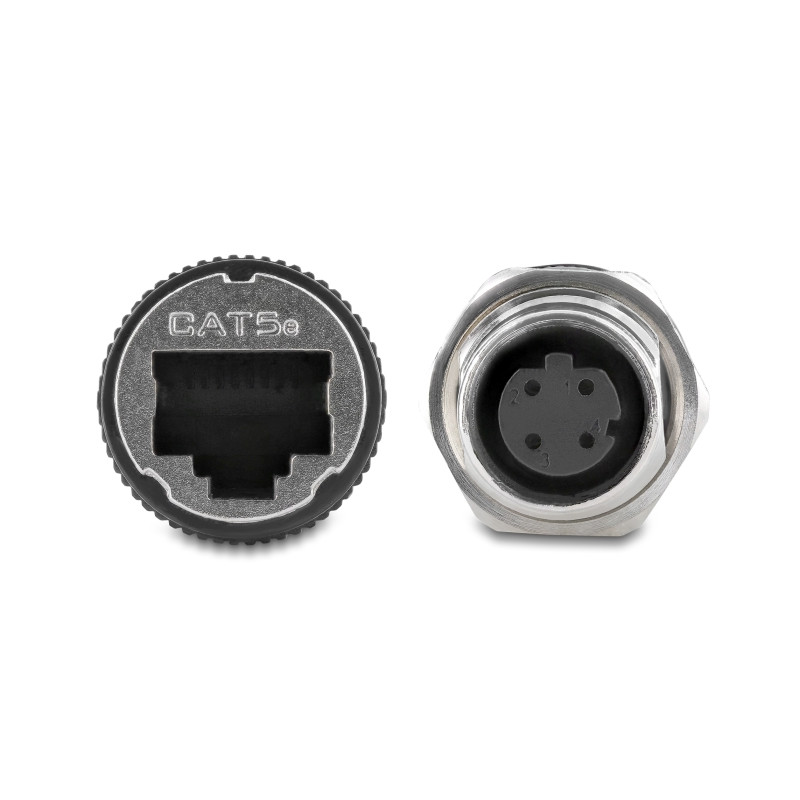 Delock M12 Adapter D-kodiert 4 Pin Buchse zu RJ45 Buchse zum Einbau rund gerade