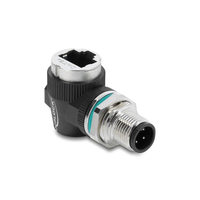 Delock M12 Adapter D-kodiert 4 Pin Stecker zu RJ45 Buchse zum Einbau rund 90° gewinkelt