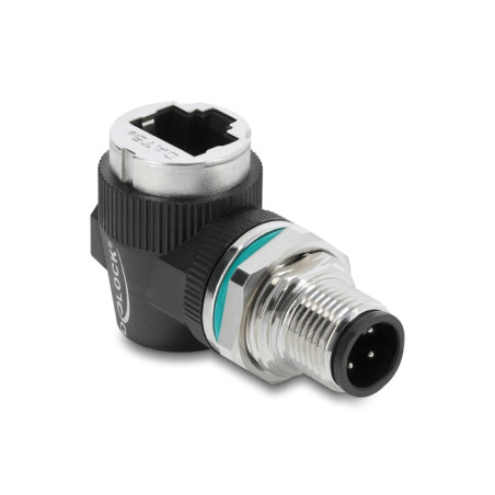 Delock M12 Adapter D-kodiert 4 Pin Stecker zu RJ45 Buchse zum Einbau rund 90° gewinkelt