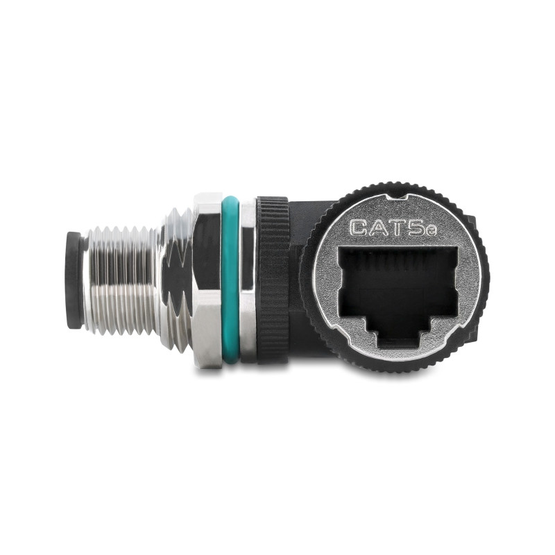 Delock M12 Adapter D-kodiert 4 Pin Stecker zu RJ45 Buchse zum Einbau rund 90° gewinkelt