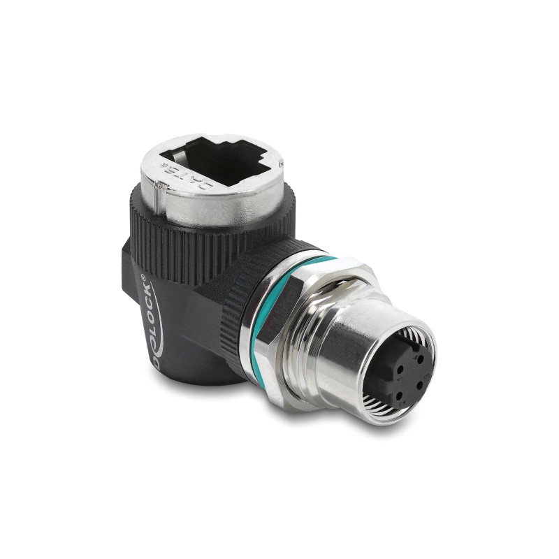 Delock M12 Adapter D-kodiert 4 Pin Buchse zu RJ45 Buchse zum Einbau rund 90° gewinkelt