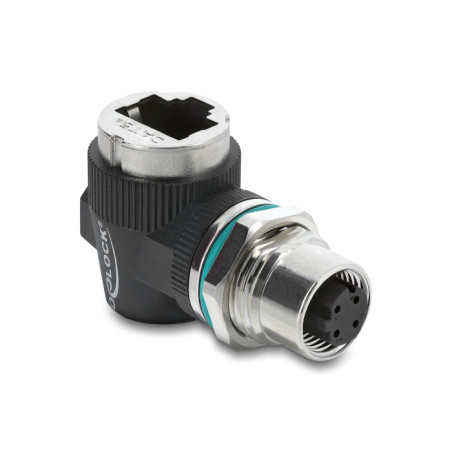 Delock M12 Adapter D-kodiert 4 Pin Buchse zu RJ45 Buchse zum Einbau rund 90° gewinkelt