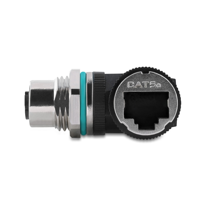 Delock M12 Adapter D-kodiert 4 Pin Buchse zu RJ45 Buchse zum Einbau rund 90° gewinkelt