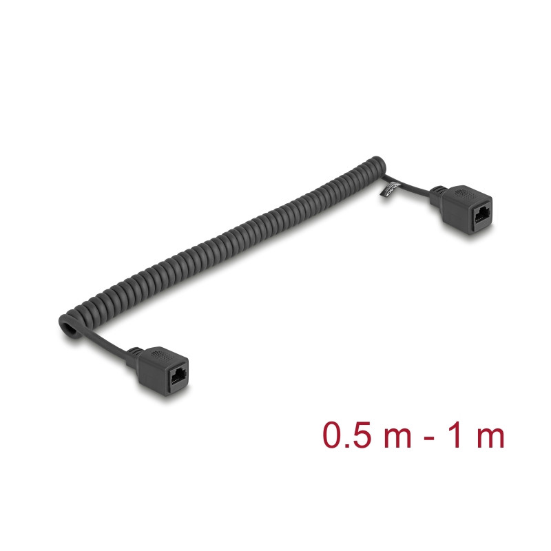 Delock RJ45 Spiralkabel Buchse zu Buchse Cat.5e UTP 0,5 m bis 1 m schwarz