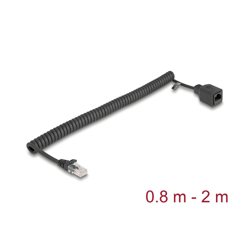 Delock RJ45 Spiralkabel Stecker zu Buchse Cat.5e UTP 0,8 m bis 2 m schwarz