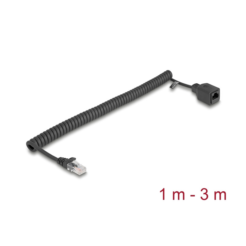 Delock RJ45 Spiralkabel Stecker zu Buchse Cat.5e UTP 1 m bis 3 m schwarz