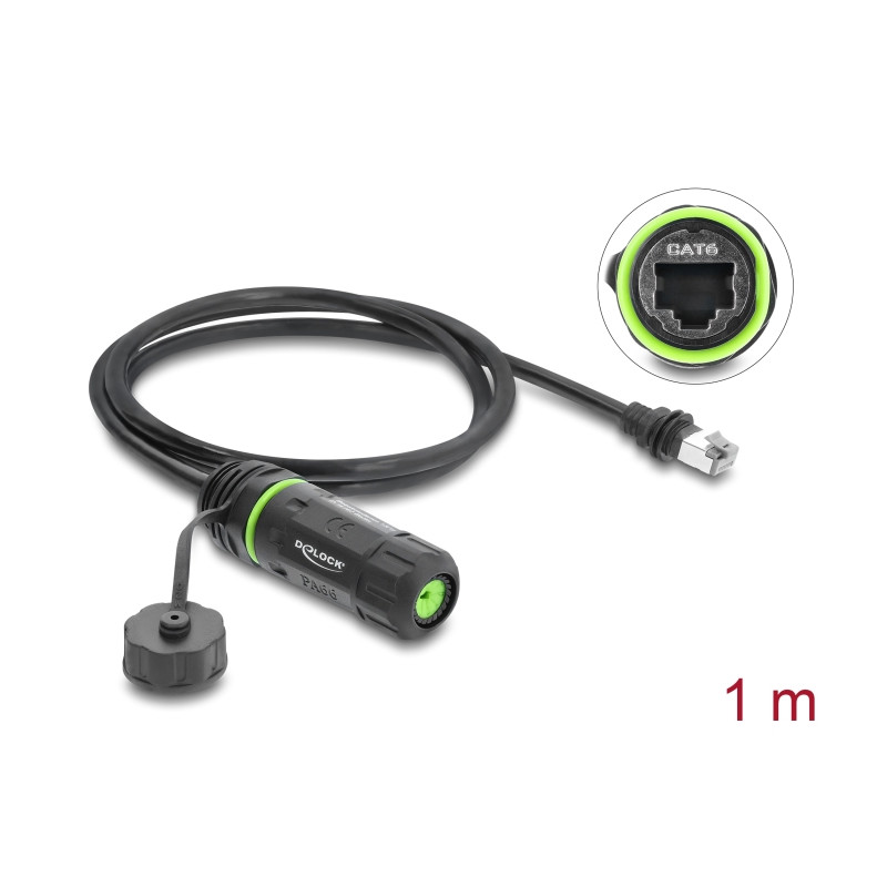 Delock Kabel RJ45 Stecker zu RJ45 Buchse Cat.6 zum Einbau mit M20 x 1,5 mm Gewinde und Gehäuse kompatibel mit Starlink IP68 stau