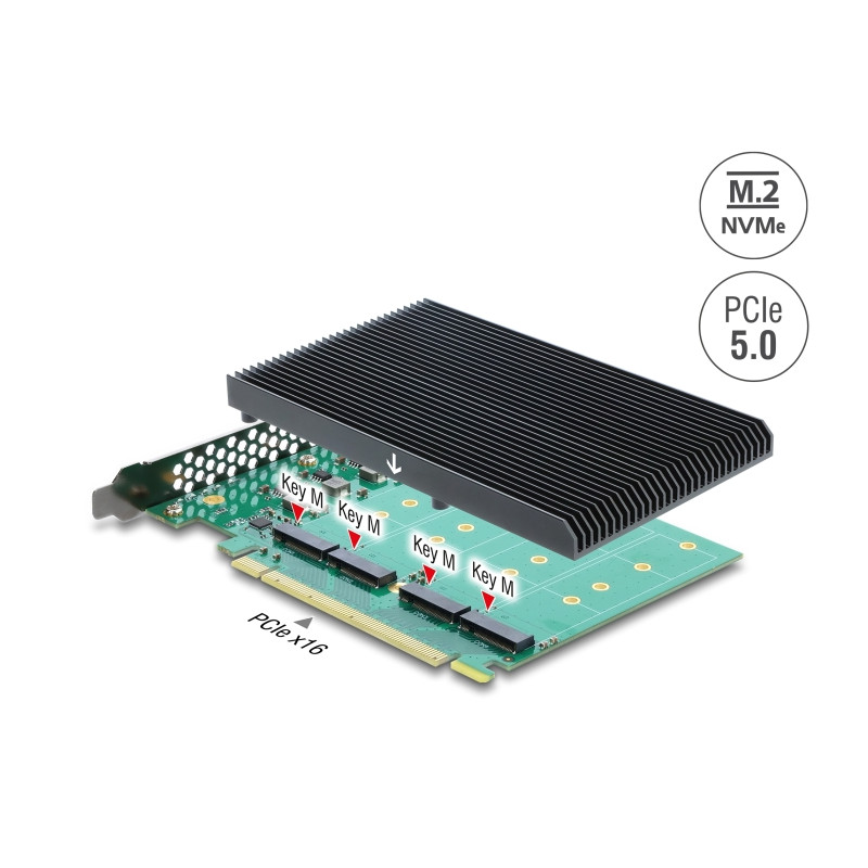 Delock PCI Express 5.0 x16 Karte zu 4 x intern NVMe M.2 Key M mit Kühlkörper - Bifurcation