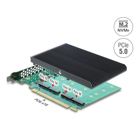 Delock PCI Express 5.0 x16 Karte zu 4 x intern NVMe M.2 Key M mit Kühlkörper - Bifurcation