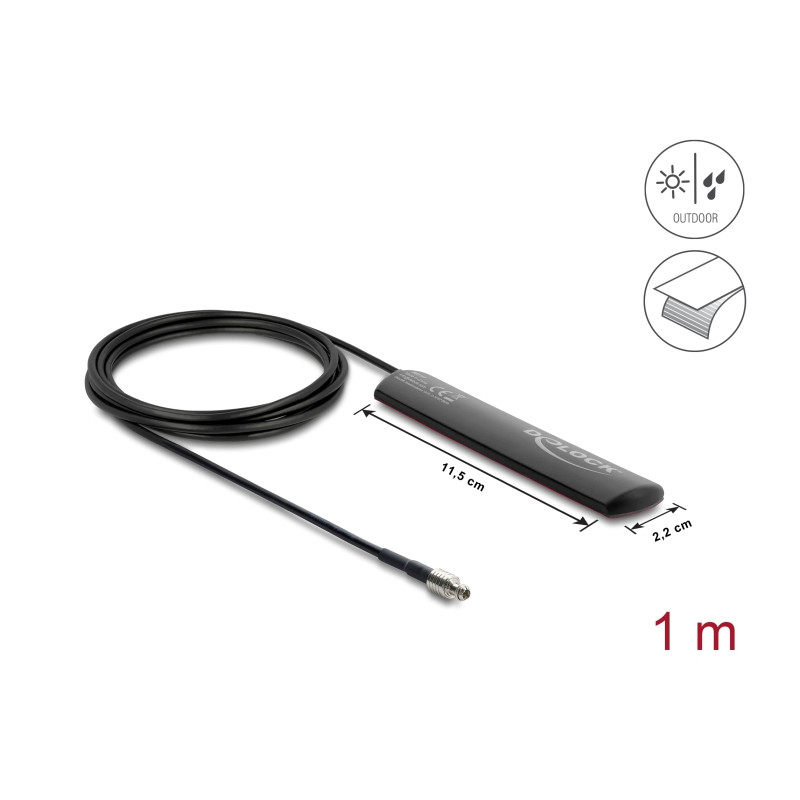 Delock LTE Antenne TS9 Stecker 1,5 dBi omnidirektional starr mit Anschlusskabel RG-174 1 m Klebemontage outdoor schwarz