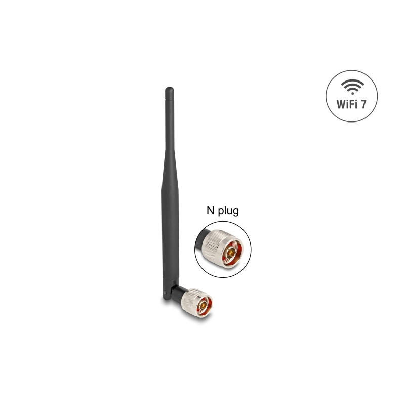 Delock WiFi 7 Antenne N Stecker 2 - 3 dBi 20,6 cm omnidirektional mit Kippgelenk und flexiblem Material schwarz