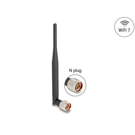Delock WiFi 7 Antenne N Stecker 2 - 3 dBi 20,6 cm omnidirektional mit Kippgelenk und flexiblem Material schwarz