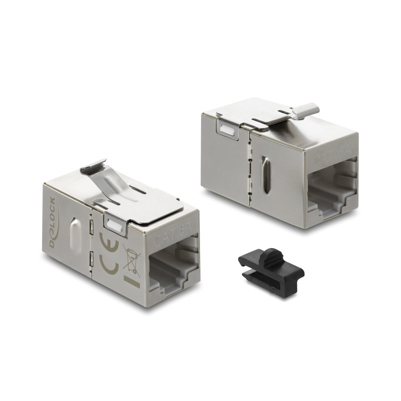 Delock Keystone Modul Kupplung RJ45 Buchse zu RJ45 Buchse Cat.6A mit Metall Latch und Clip, geschirmt
