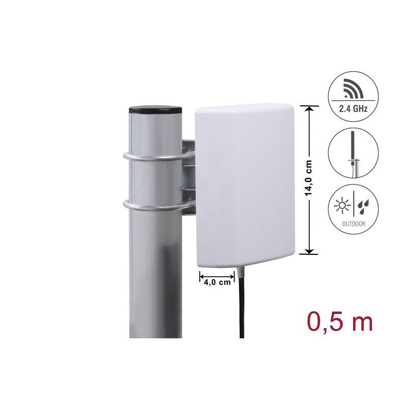 Delock WiFi 2,4 GHz Antenne N Stecker 8 dBi direktional mit Anschlusskabel RG-58, 50 cm weiß outdoor
