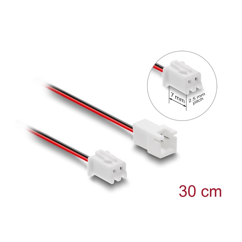 Delock Lüfter Verlängerungskabel JST Stecker zu Buchse 2 Pin, Steckerlänge 7 mm, 30 cm
