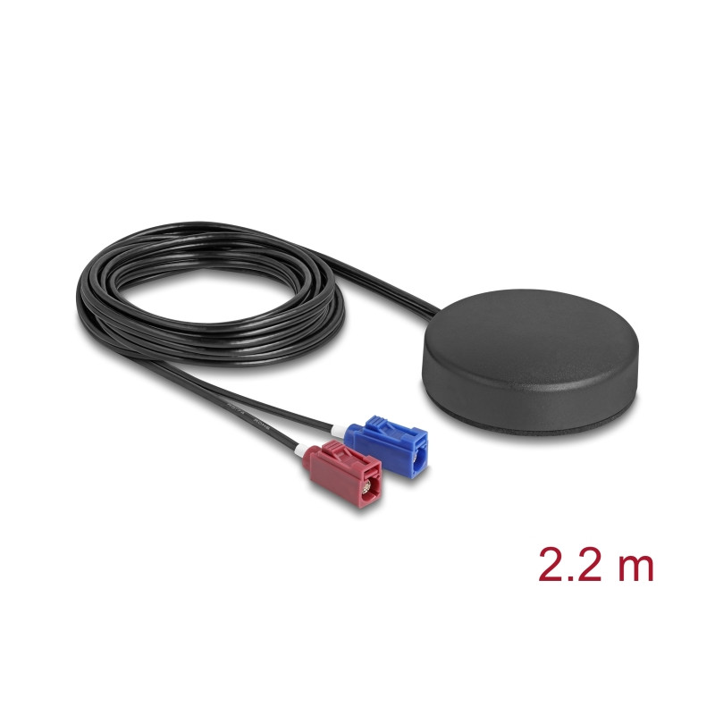 Delock 4G GNSS Antenne 1 x FAKRA C + 1 x FAKRA D Buchse 2 dBi / 28 dB 2,2 m RG-174 omnidirektional Dachmontage schwarz outdoor