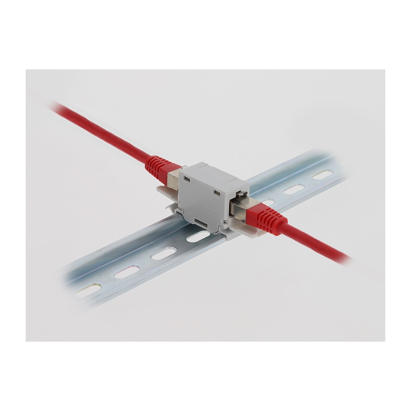 Delock RJ45 Kupplung Cat.6A Buchse zu Buchse mit Staubschutzklappe für Hutschienen Montage grau