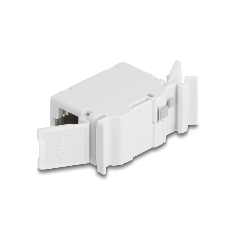 Delock RJ45 Kupplung Cat.6A Buchse zu Buchse mit Staubschutzklappe für Hutschienen Montage grau