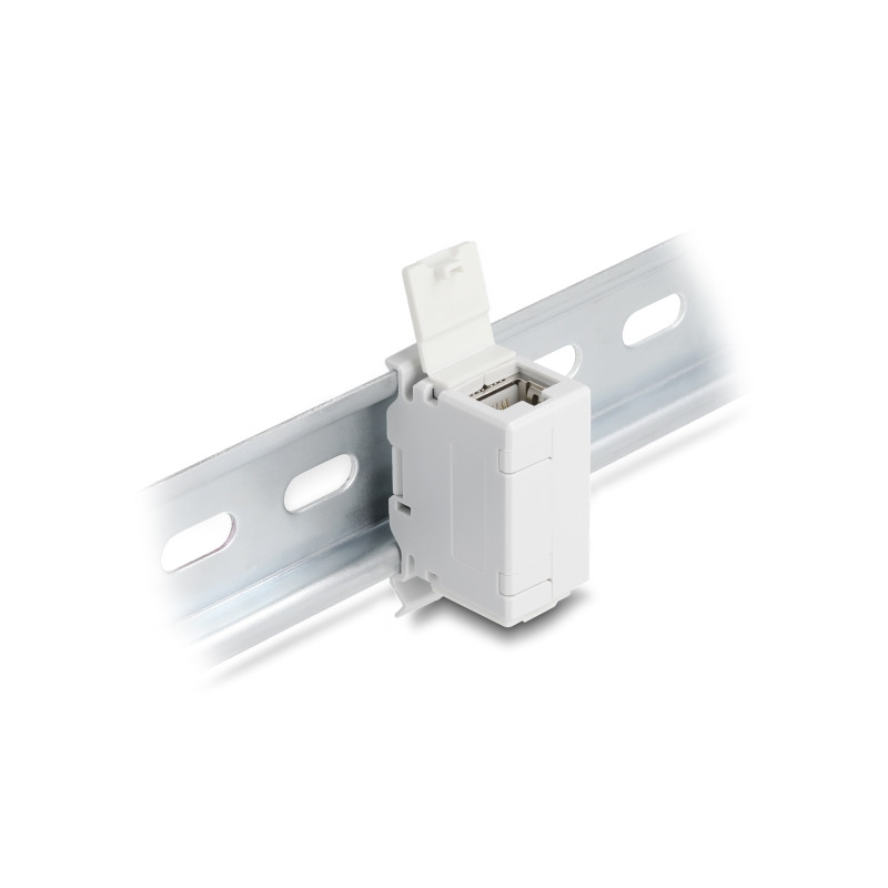 Delock RJ45 Kupplung Cat.6A Buchse zu Buchse mit Staubschutzklappe für Hutschienen Montage grau