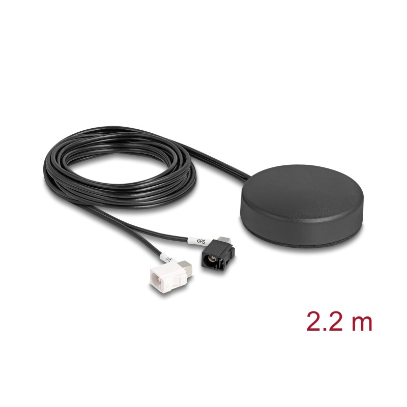 Delock 4G GNSS Antenne 1 x FAKRA A + 1 x FAKRA B Buchse 2 dBi / 28 dB 2,2 m RG-174 omnidirektional Dachmontage schwarz outdoor