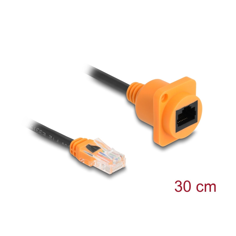 Delock D-Typ RJ45 Kabel Stecker zu Buchse Cat.5e UTP orange / schwarz 30 cm