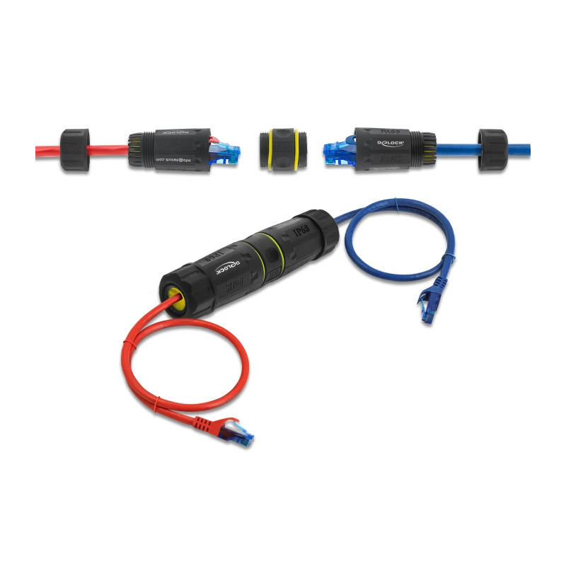 Delock Kabelverbinder RJ45 Buchse zu RJ45 Buchse mit M23 Gewinde geeignet für Cat.6a / Cat.7 Netzwerkkabel IP68 staub- und wasse