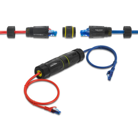 Delock Kabelverbinder RJ45 Buchse zu RJ45 Buchse mit M23 Gewinde geeignet für Cat.6a / Cat.7 Netzwerkkabel IP68 staub- und wasse