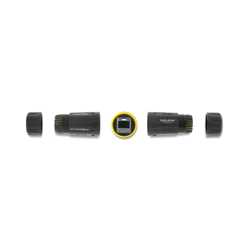Delock Kabelverbinder RJ45 Buchse zu RJ45 Buchse mit M23 Gewinde geeignet für Cat.6a / Cat.7 Netzwerkkabel IP68 staub- und wasse