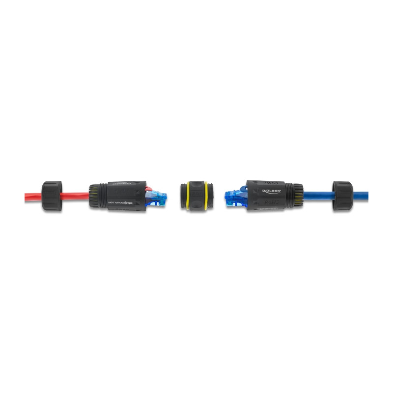 Delock Kabelverbinder RJ45 Buchse zu RJ45 Buchse mit M23 Gewinde geeignet für Cat.6a / Cat.7 Netzwerkkabel IP68 staub- und wasse