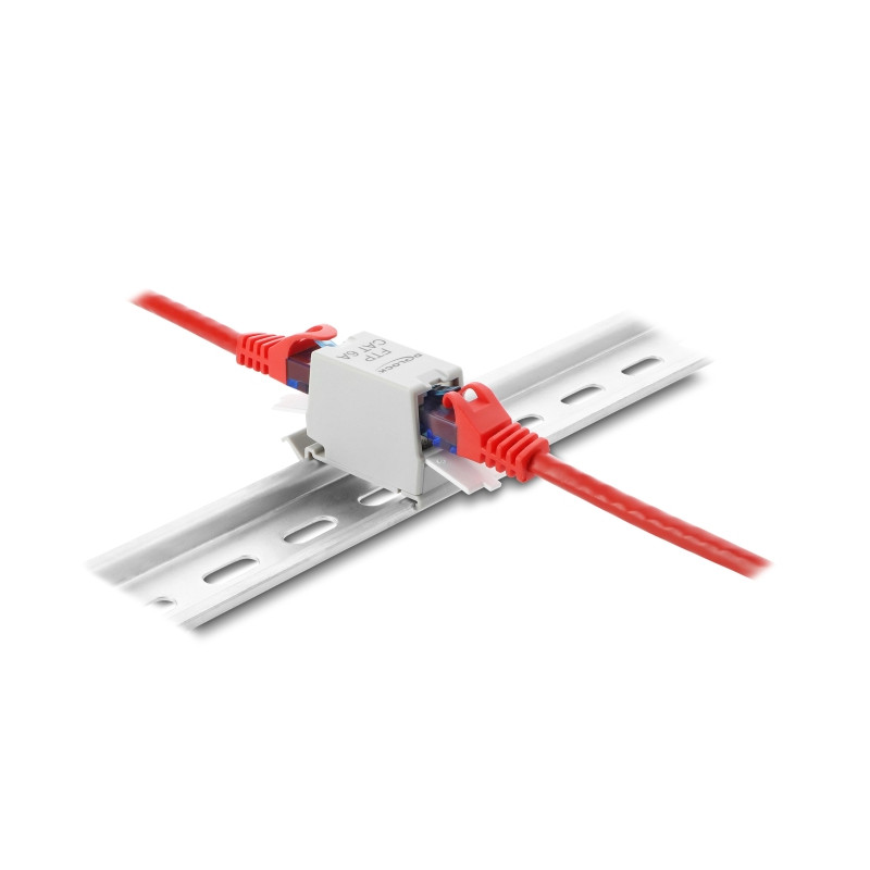 Delock RJ45 Kupplung Cat.6A Buchse zu Buchse mit Staubschutzklappe für Hutschienen Montage geschirmt grau / weiß