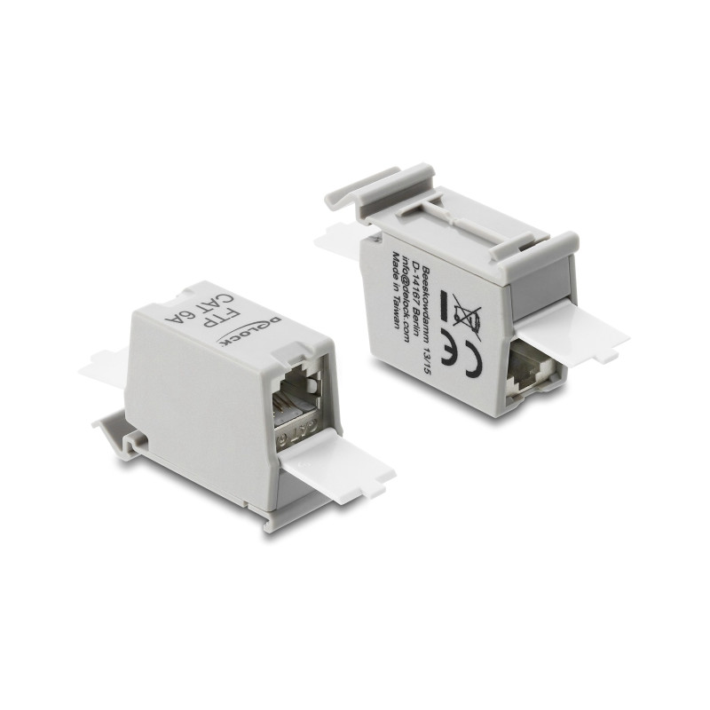 Delock RJ45 Kupplung Cat.6A Buchse zu Buchse mit Staubschutzklappe für Hutschienen Montage geschirmt grau / weiß