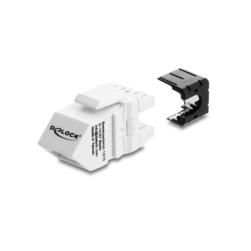 Delock Keystone Modul RJ45 Buchse zu LSA Cat.6A 45° gewinkelte Buchse ungeschirmt 180° Kabelführung werkzeugfrei schwarz / weiß