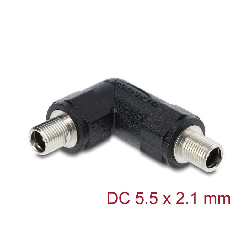 Delock Hohlstecker Adapter DC 5,5 x 2,1 mm Buchse auf Buchse mit Gewinde gewinkelt 90°