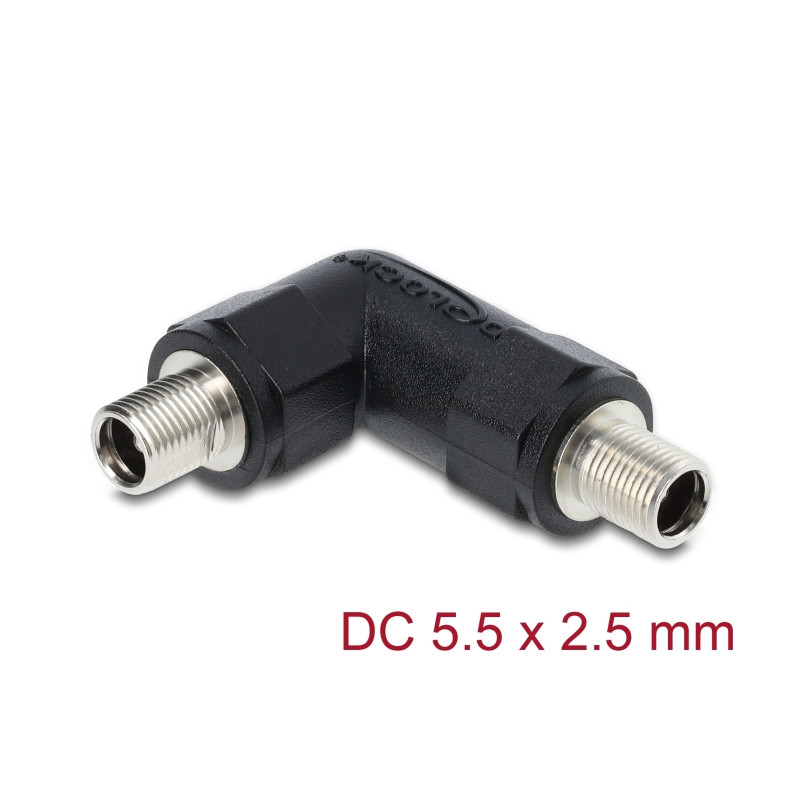 Delock Hohlstecker Adapter DC 5,5 x 2,5 mm Buchse auf Buchse mit Gewinde gewinkelt 90°