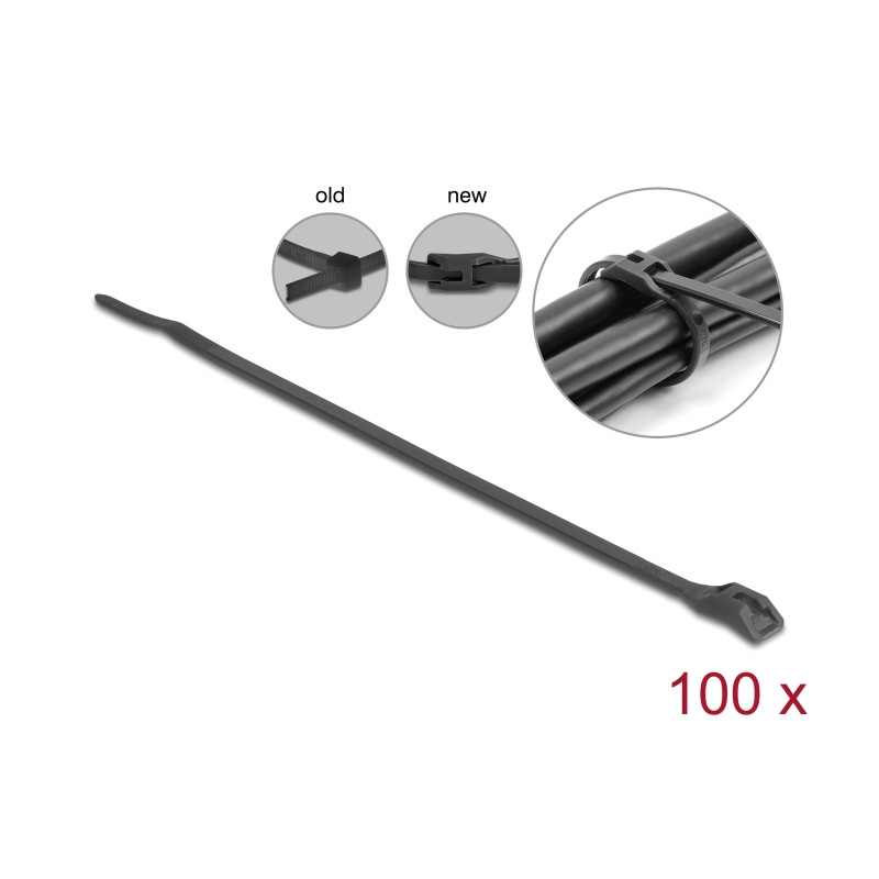 Delock Kabelbinder mit flachem Kopf L 370 x B 7,6 mm 100 Stück schwarz