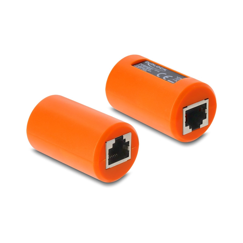 Delock Adapter Kupplung RJ45 Buchse zu Buchse Cat.6A geschirmt mit Überspannungsschutz rund orange