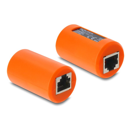 Delock Adapter Kupplung RJ45 Buchse zu Buchse Cat.6A geschirmt mit Überspannungsschutz rund orange