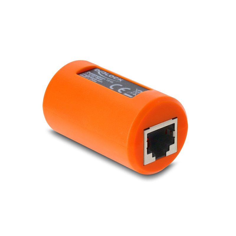 Delock Adapter Kupplung RJ45 Buchse zu Buchse Cat.6A geschirmt mit Überspannungsschutz rund orange