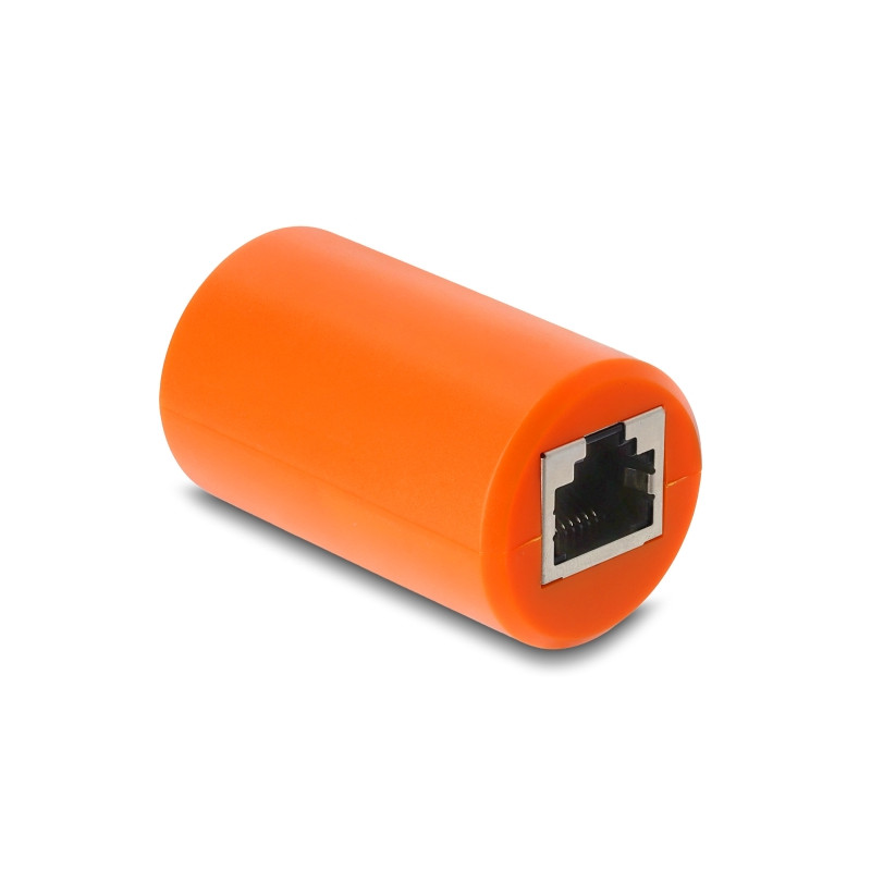 Delock Adapter Kupplung RJ45 Buchse zu Buchse Cat.6A geschirmt mit Überspannungsschutz rund orange